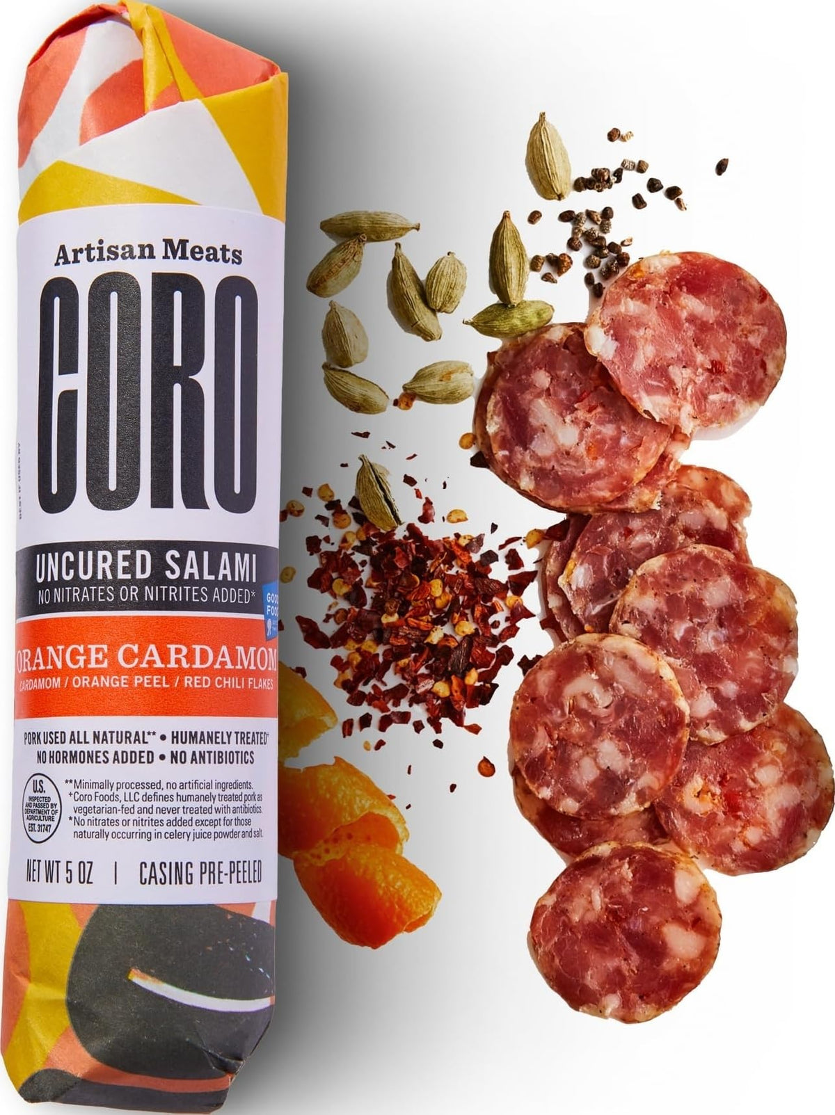 Coro Cardamom & Orange Uncured Salami Stick - 5oz | Sweet Citrus & Spice