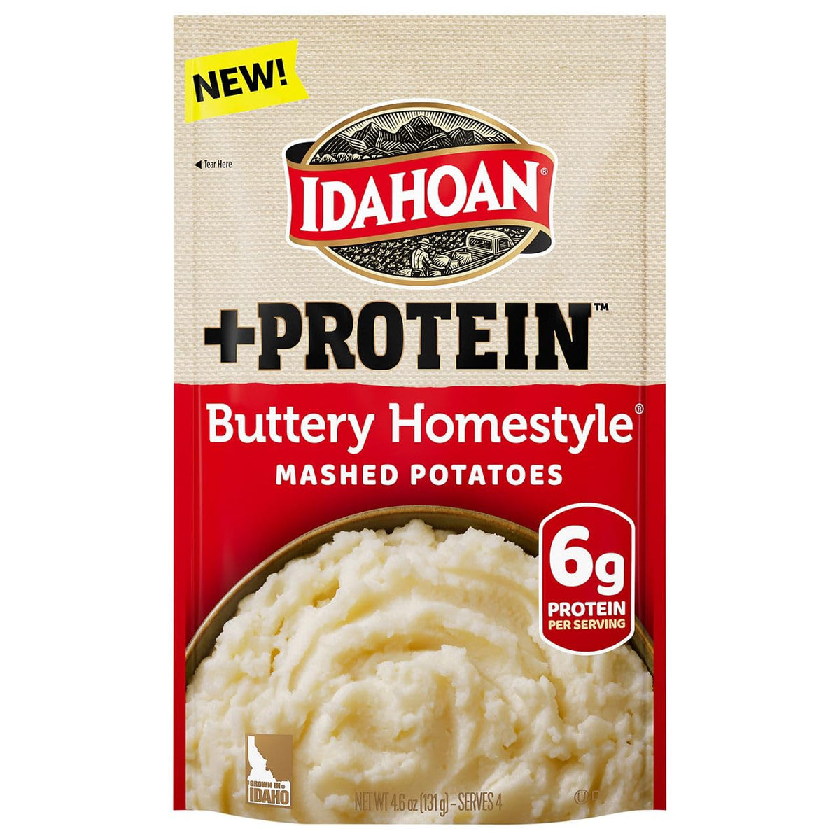 Idahoan Buttery Homestyle +Protein Mashed Potatoes, Naturally Gluten-Free, 100% Real Idaho Potatoes, 4.6 ounce