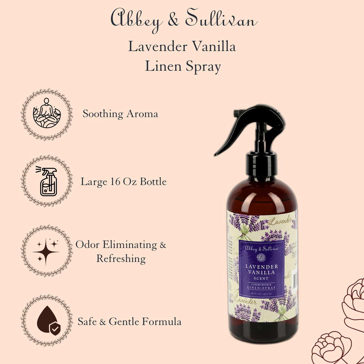 Abbey & Sullivan Odor Eliminating and Refreshing Linen and Room Spray, Lavender Vanilla, 16 oz.