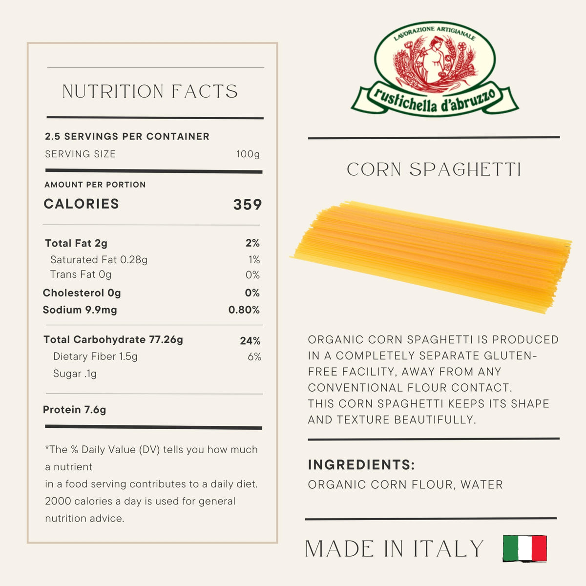 Rustichella d'Abruzzo Organic Corn Spaghetti - 250g Gluten-Free Pasta - Delicious Corn Flavor - Perfect for Creative Dishes