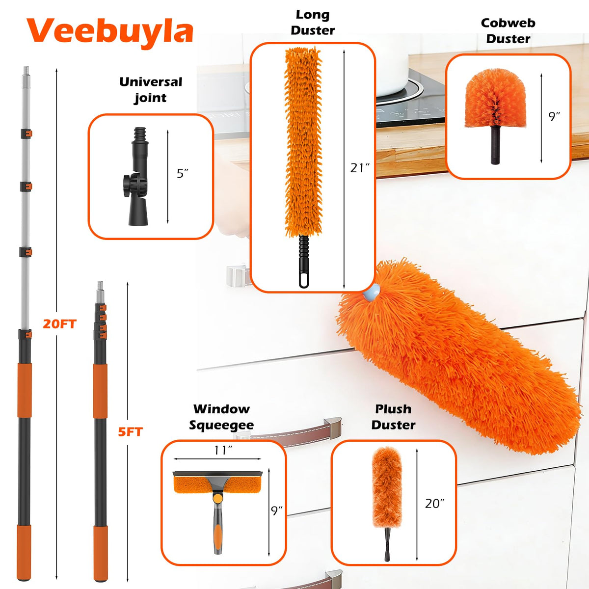 25FT Reach High Ceiling Duster Kits with 5-20FT Adjustable Pole - Includes Extra Long Duster, High Ceiling Duster, Rotatable Window Squeegee & Cobweb