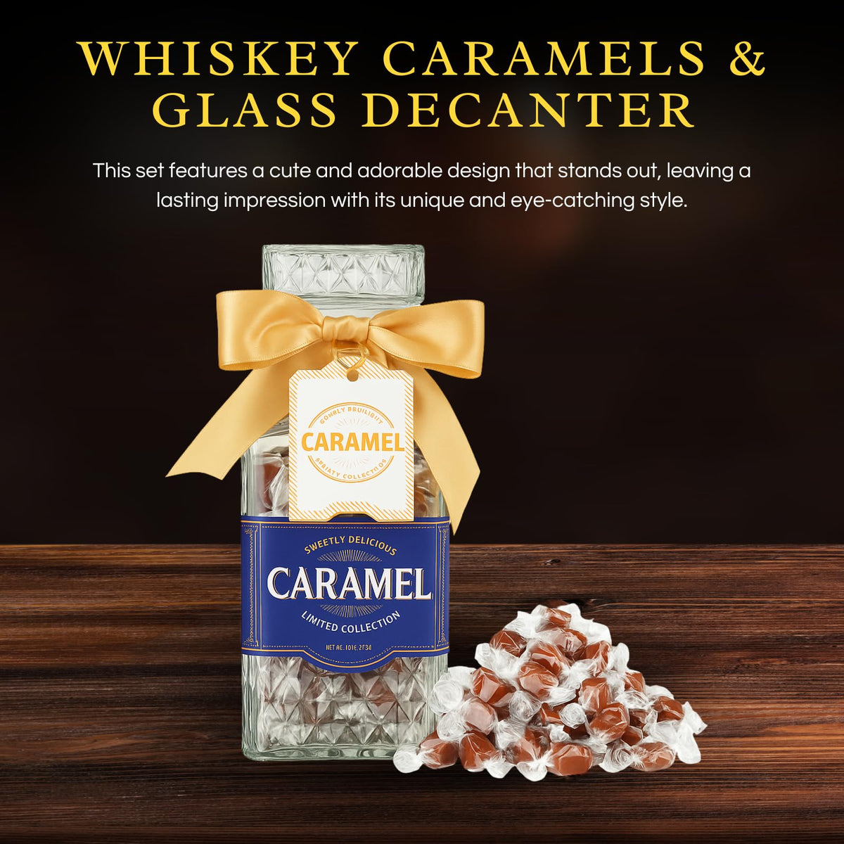 Scotch Caramels & Glass Decanter - Him & Her, Non-Alcoholic Premium Salted Caramel, Chocolate Candy Delights Gourmet Collection, Birth Day Gift Basket