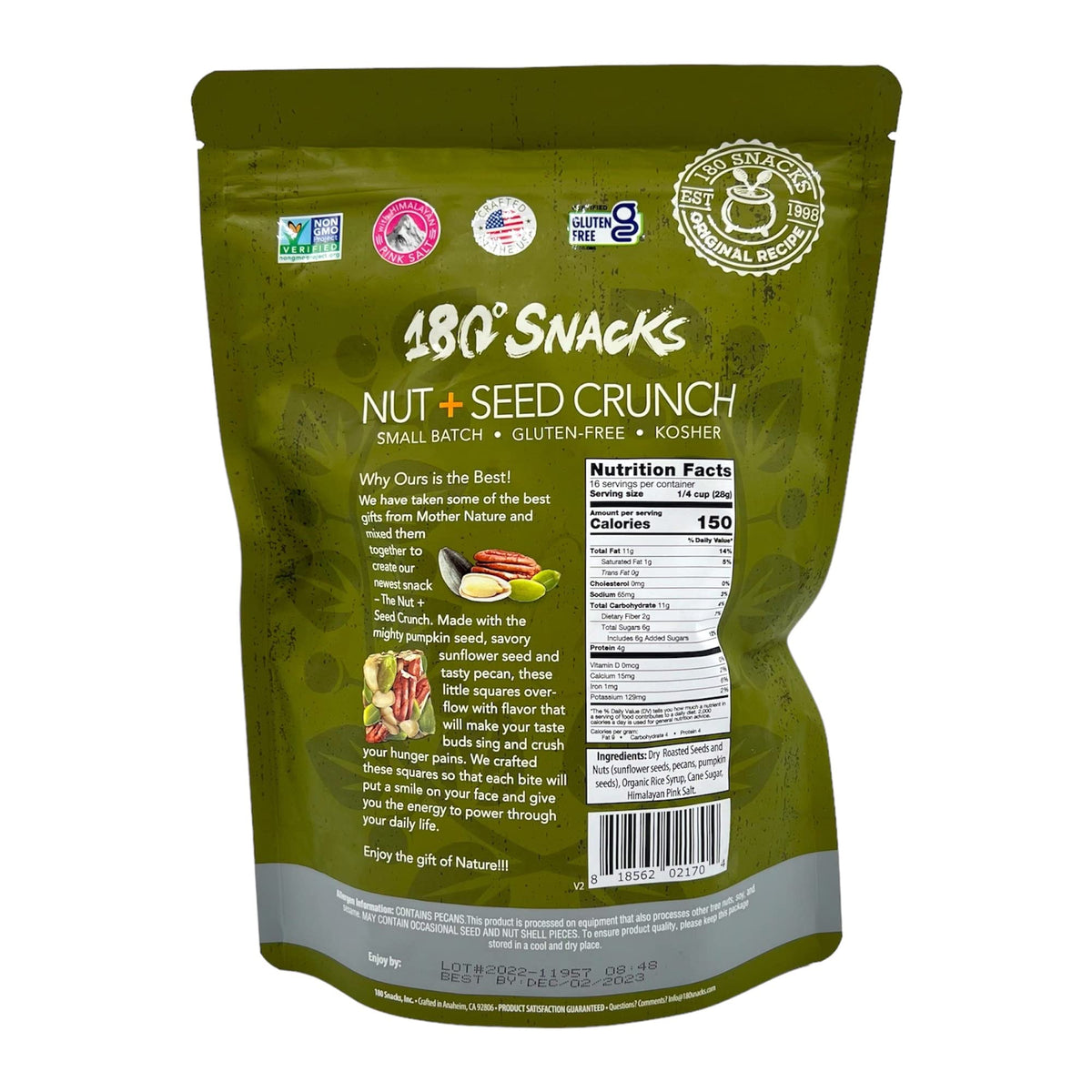 180 Snacks Nut + Seed Crunch, Sunflower Seeds, Pecans, Pumpkin Seeds 16 Oz Bag