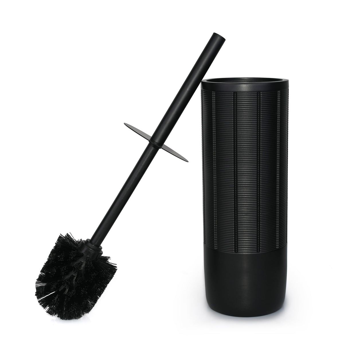 Indecor Home Matte Black Ribbed Design Resin Toilet Bowl Holder and Brush Set, Durable Bathroom Cleaning Tool with Ergonomic Handle and Efficient