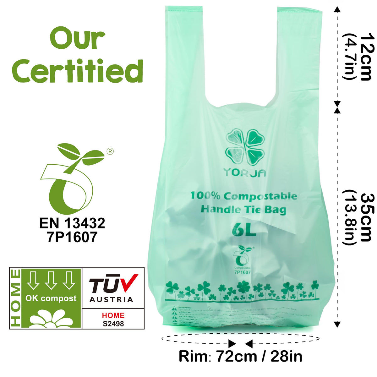 YORJA 1.6 Gallon Tie Handles Compost Trash Bags 120 Food Scrap Bags, Compostable Kitchen Waste Bags with Europe EN13432 & ASTM D6400 Certified