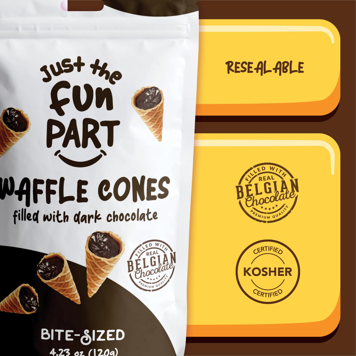 Just The Fun Part, Bite-Size Crispy Mini Waffle Cones with Premium Belgian Chocolate, Great for Snacks, Dessert, Grab & Go - Kosher, Dark Chocolate