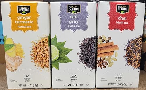 Benner Tea Co Assorted Tea Bags Ginger Turmeric, Earl Grey, Chai (Three Boxes)