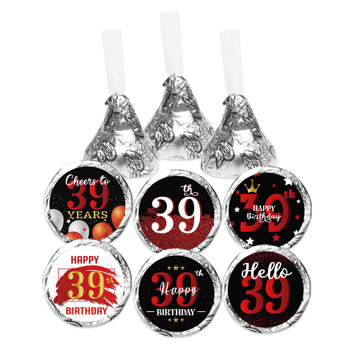 Happy 39th Birthday Party Favor Labels Chocolate Kisses Candy Stickers - Thirty Nine Years Old Birthday Round Candy Sticker Party Favors - Black