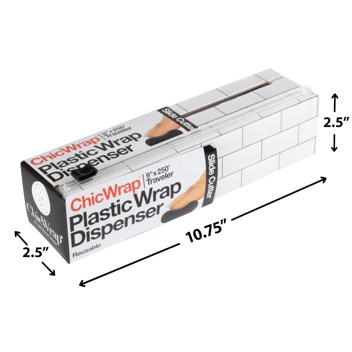 ChicWrap® Subway Tile Refillable 9” Plastic Wrap Dispenser - Includes One 9" x 250' Roll of Professional Grade Plastic Wrap - and Kosher Certified