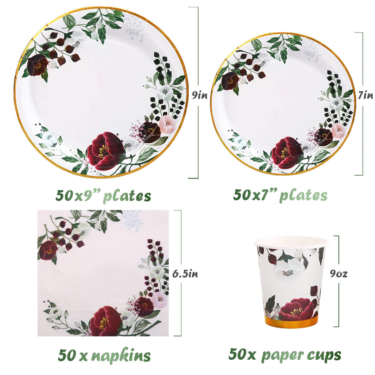 Gudvilla 200Pcs Floral Paper Plates and Napkins Party Supplies - Bridal Shower Decorations Serves 50, Burgundy for Wedding, Birthday, Valentine's Day