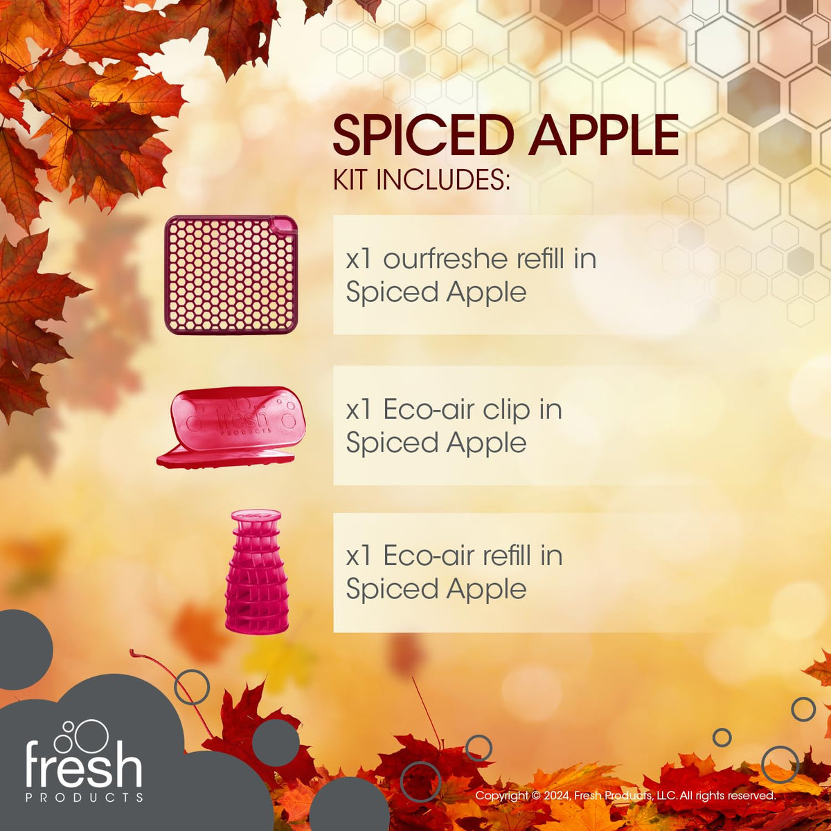 Fresh Products Fall Fragrance variety pack air freshener refill includes 1 ourfreshe and 1 eco-air and 1 eco-air clip in Spiced Apple 3 pack