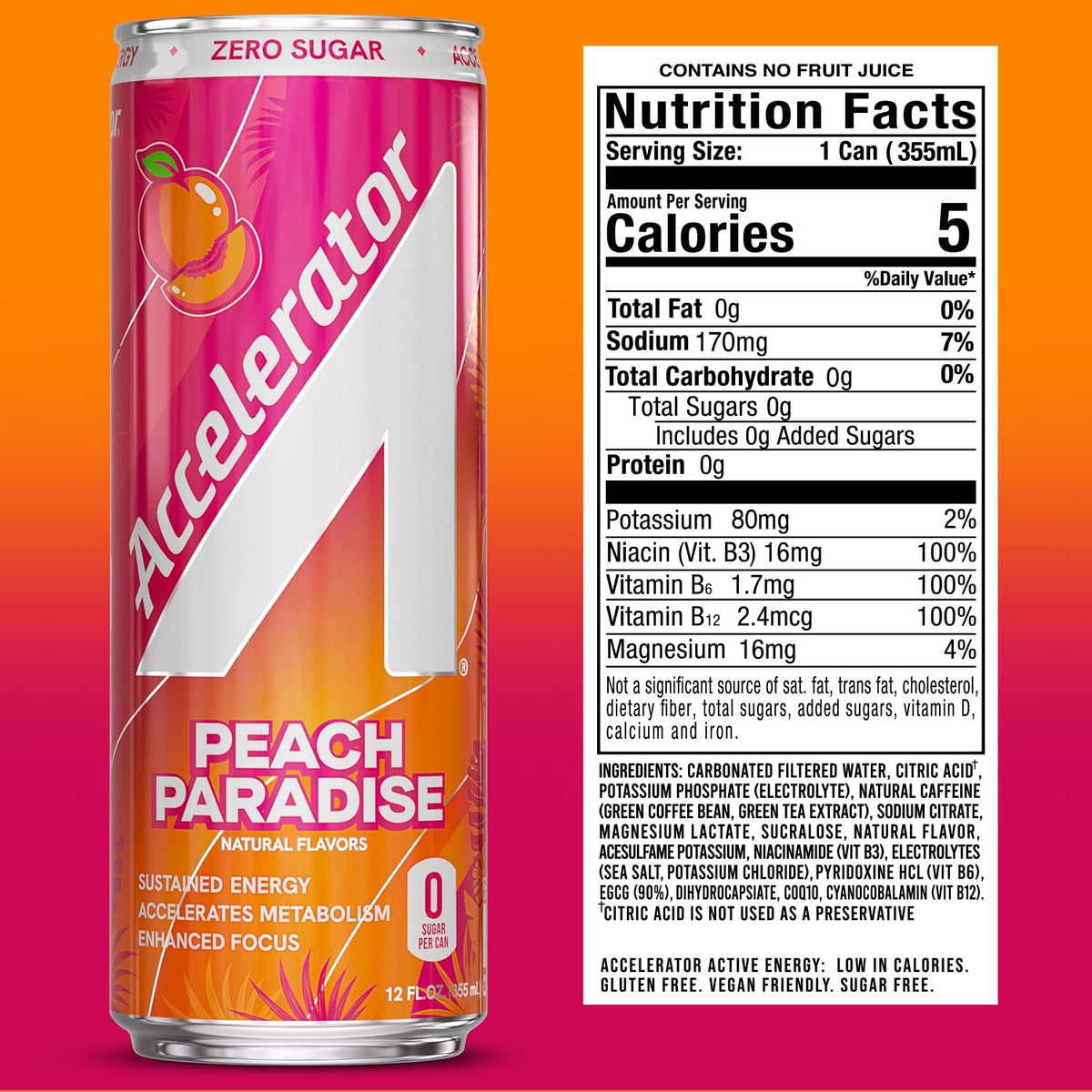 Accelerator Active Energy Drink, Peach Paradise 12oz can (12 pack)
