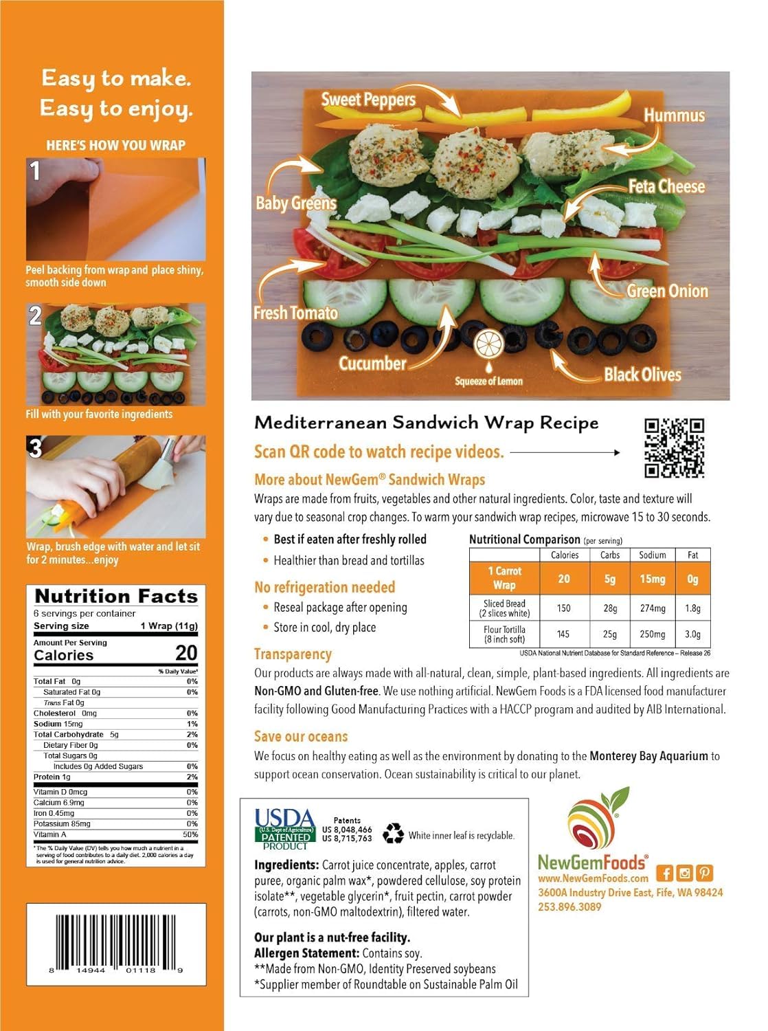 Carrot Sandwich Wraps (Two-Pack) - Gluten-Free, Low-Calorie Wraps Made from Fresh Carrots - Non-GMO, Plant-Based, Paleo-Friendly, Vegan Tortilla
