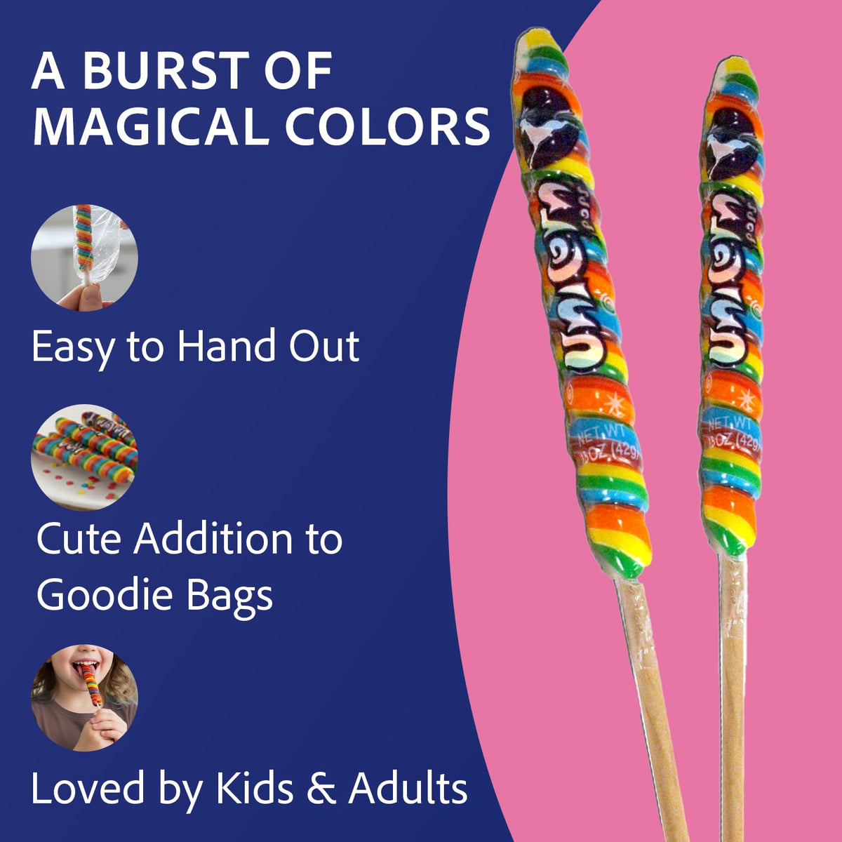 Adams & Brooks Strawberry Banana Mini Unicorn Pops, 10 oz Jar (24 ct.) - Twisty Unicorn Lollipops, Individually Wrapped Candy for Kids & Adults