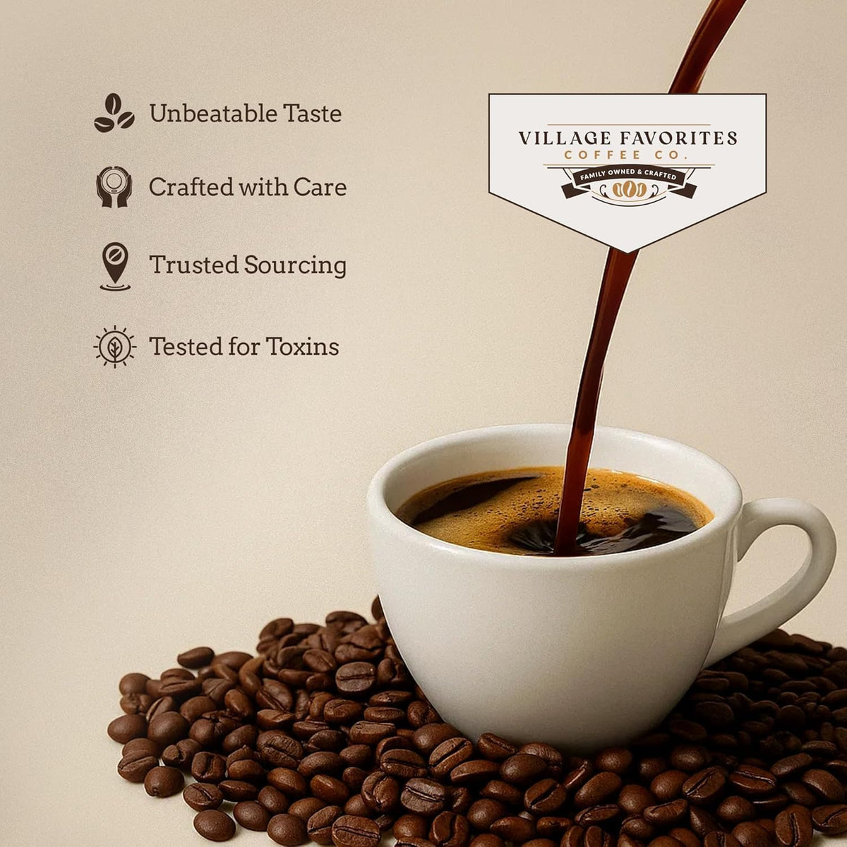 Village Favorites Low Acid Coffee - Mold-Free House Blend, 100% Arabica, Slow Roasted Medium Roast, Smooth & Stomach Friendly, Ground, 1LB (16oz) Bag