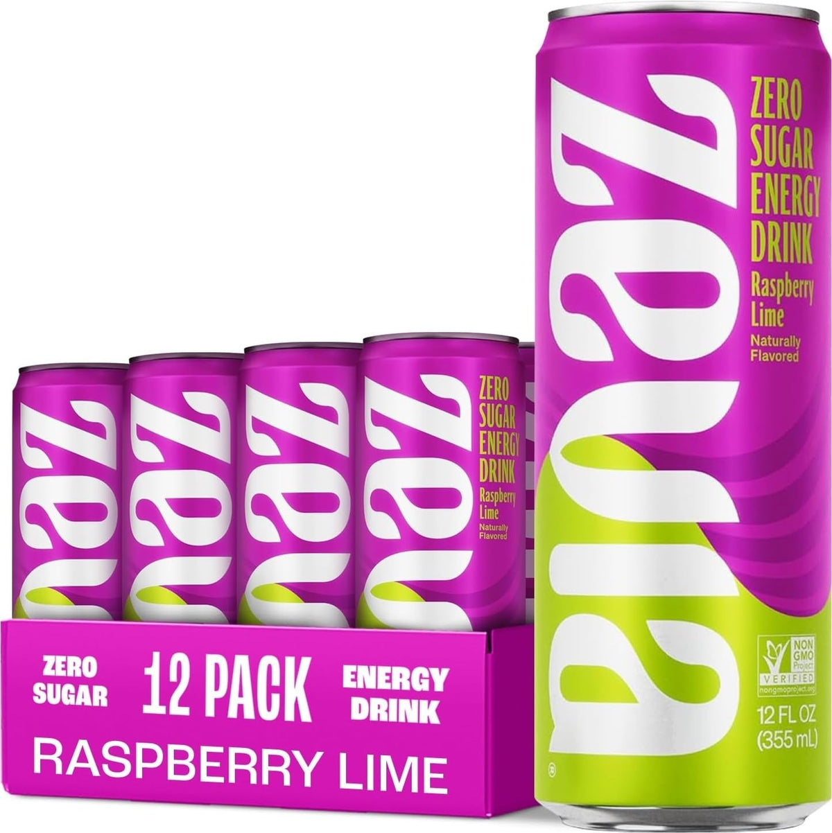 Zevia Zero Sugar Energy Drink, Raspberry Lime, 12 oz Cans (12-Pack) - Naturally Sweetened, Zero Calorie Sugar Free Energy - Non-GMO Project Verified