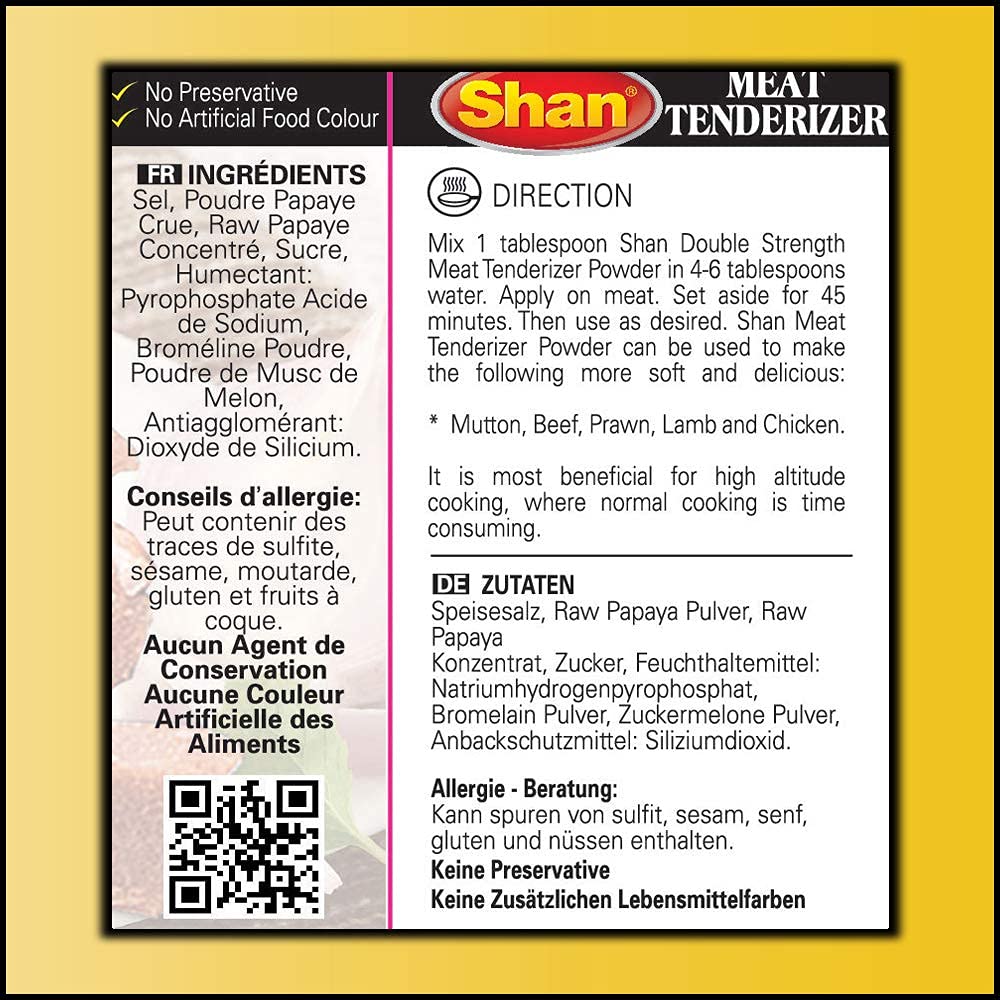 Shan Meat Tenderizer Seasoning Mix 1.4 oz (40g) - Double Strength Tenderizing High Altitude Cooking Powder - Suitable for Vegetarians - Airtight Bag