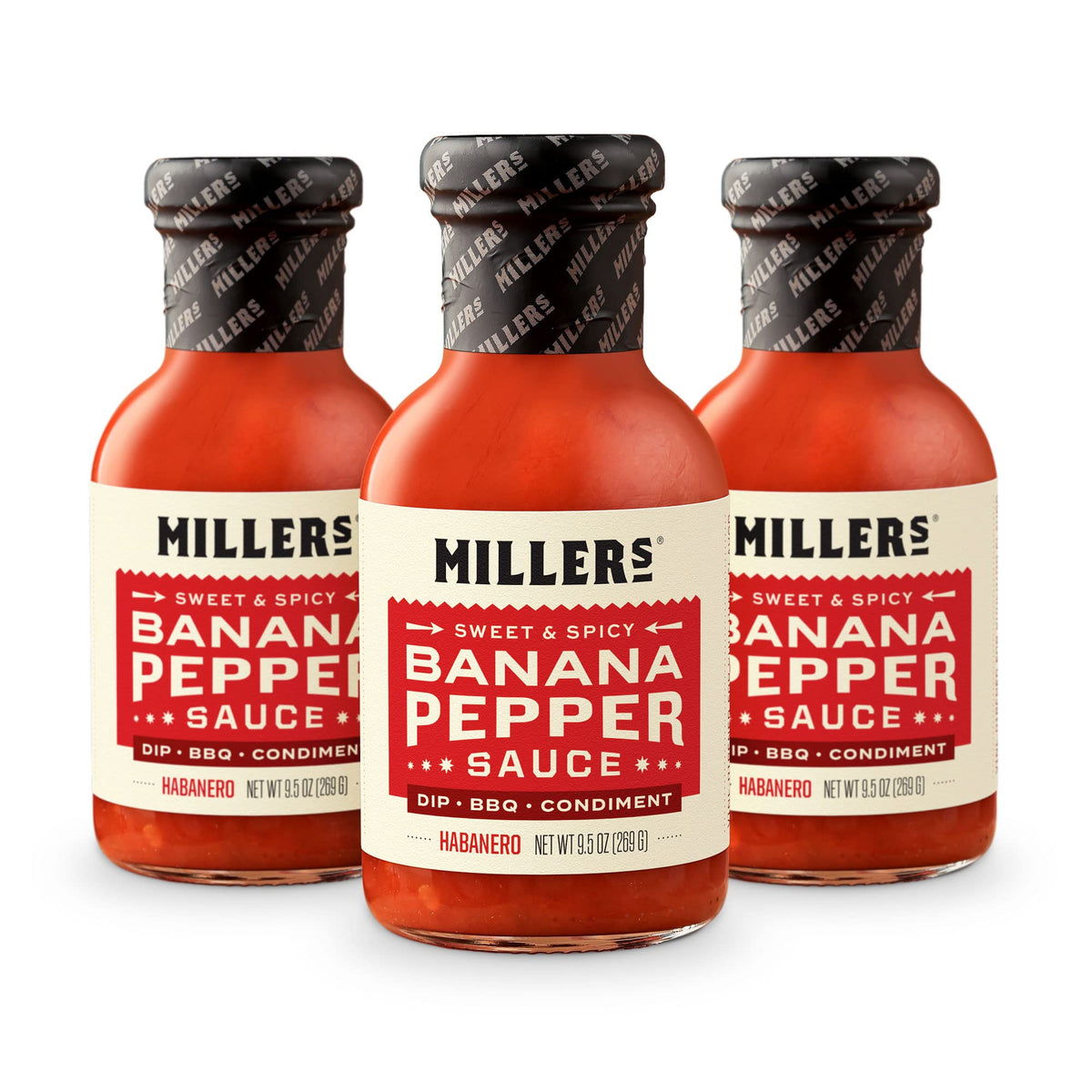 Miller's Banana Pepper Habanero Hot Sauce, Sweet Spicy Banana Pepper Sauce - Best Use for Grilled Meats, BBQ Rub, Chicken Wing, Sandwich 9.5 OZ (Pack
