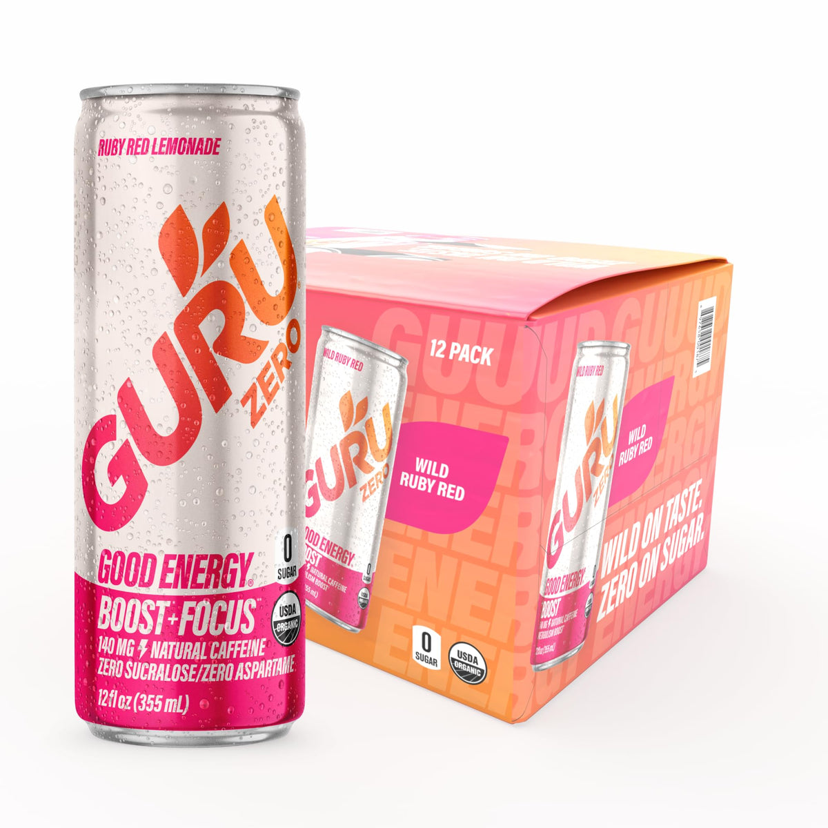 GURU Zero Sugar Energy Drink, Ruby Red, 12 Fl Oz, 12 Pack