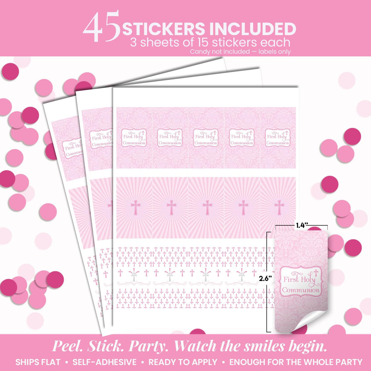 First Holy Communion Mini Chocolate Candy Bar Sticker Wrappers for Girls, 45 1.4" x 2.6" Wrap Around Labels by AmandaCreation, Great for Party Favors
