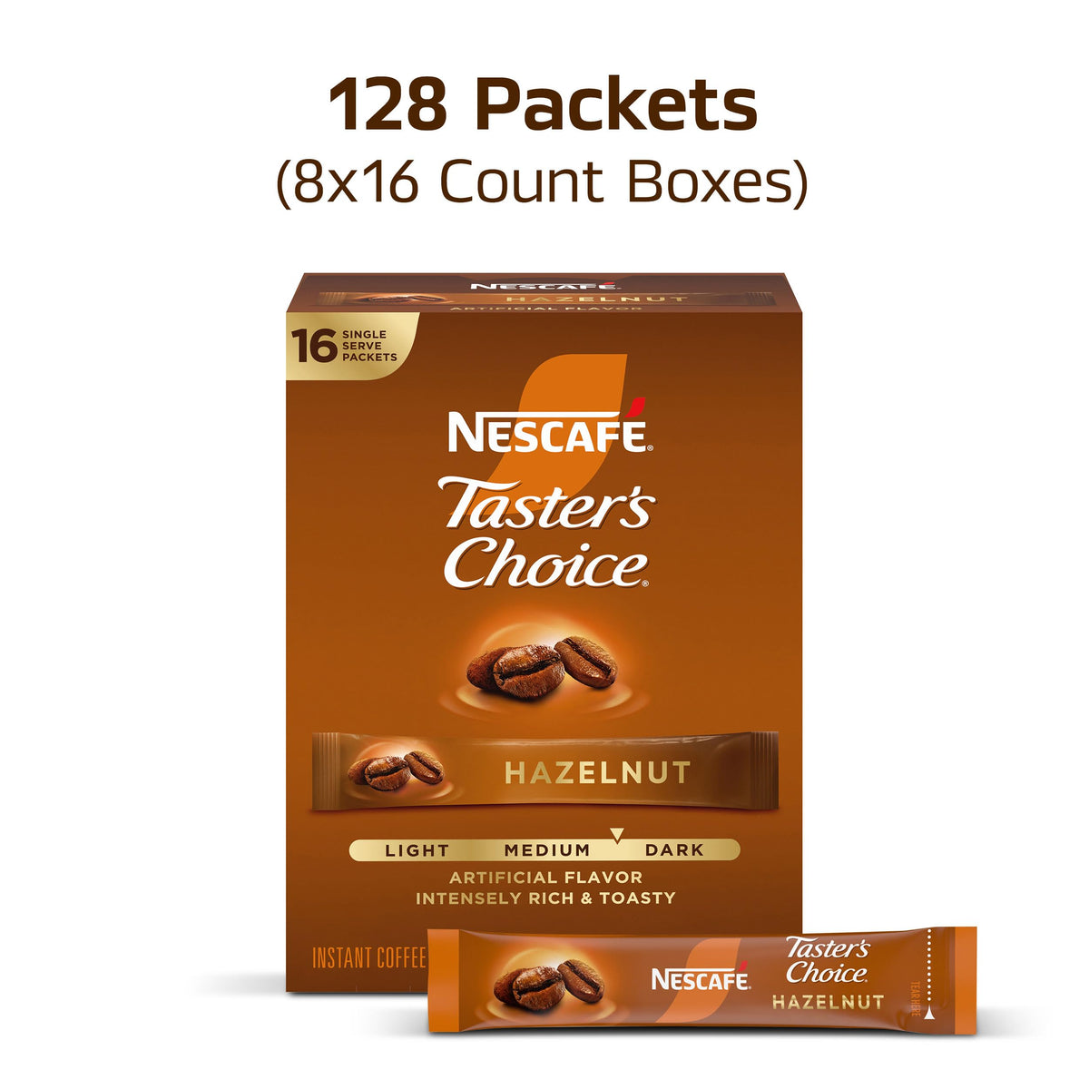 NESCAFÉ Taster's Choice, Instant Coffee Packets, Hazelnut Flavored Coffee, 8 Boxes (128 Packets)