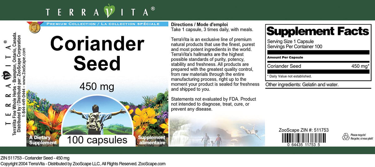 Coriander Seed - 450 mg (100 Capsules, ZIN: 511753) - 3 Pack