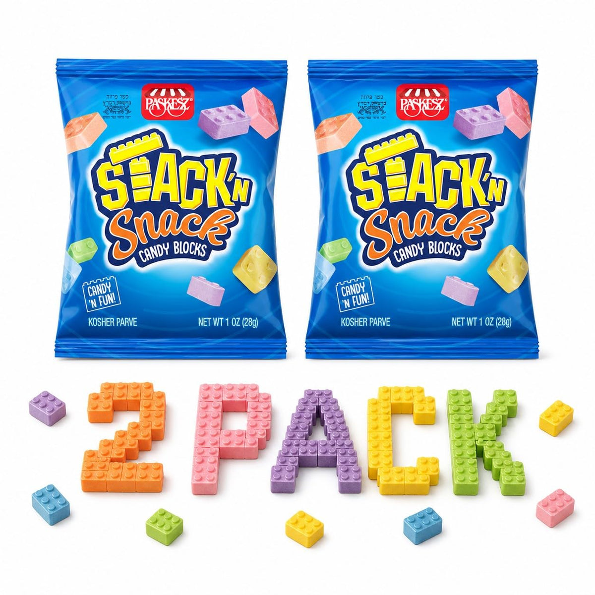 DOUzzle Kosher, Stack 'n Snack Candy Blocks, Edible Bricks, Building Blox, Construction Cake Toppers, (2 Pack), Individually Wrapped Treats, Birthday