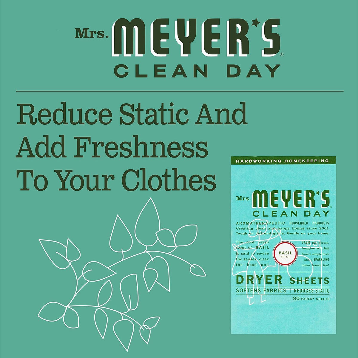 Mrs. Meyer's Clean Day Dryer Sheets, Basil Scent, (Pack of 3)