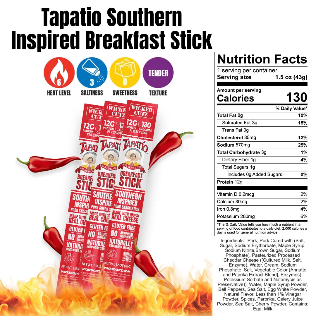 Wicked Cutz Southern Style Tapatio Breakfast Sticks, 12g Protein, 12 Sticks