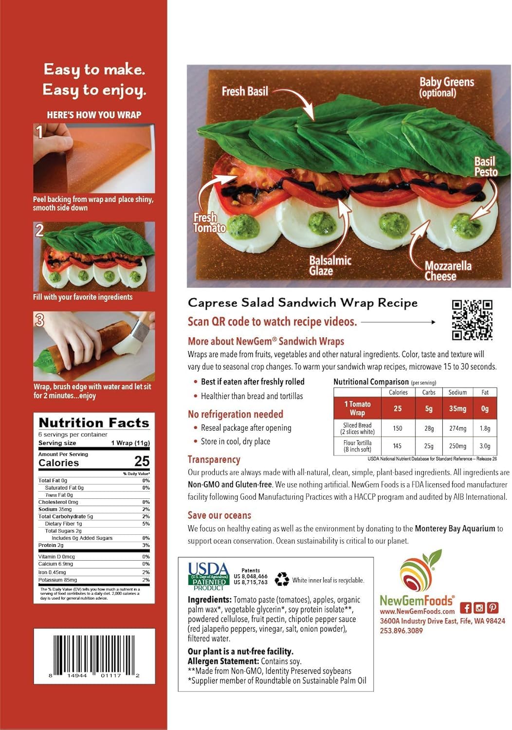 Tomato Sandwich Wraps (Two-Pack) - Plant-Based, Gluten-Free, Low-Calorie Wraps Made with Real Tomatoes - Non-GMO, Vegan, Paleo-Friendly Bread