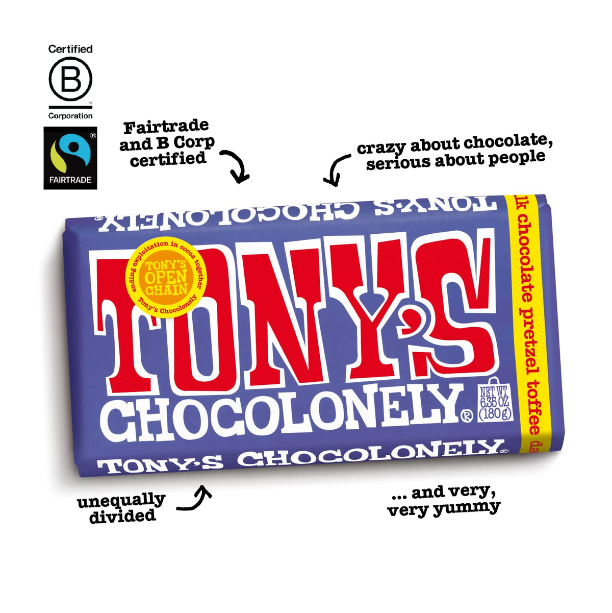 Tony's Chocolonely 42% Dark Milk Chocolate Bar with Pretzel and Toffee Belgium Chocolate, No Artificial Flavoring, Fairtrade & B Corp Certified - 6.35