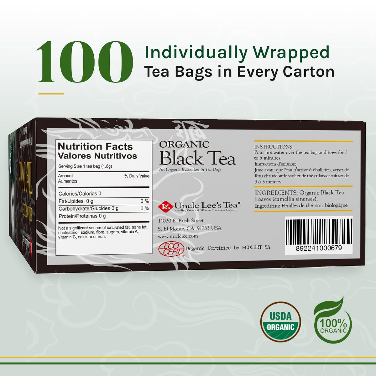 Uncle Lee's Tea Organic Black Tea - Premium Tea, Full-Bodied, Caffeinated Coffee Alternative, Robust Black Tea Bags, Individually Wrapped 100 Count