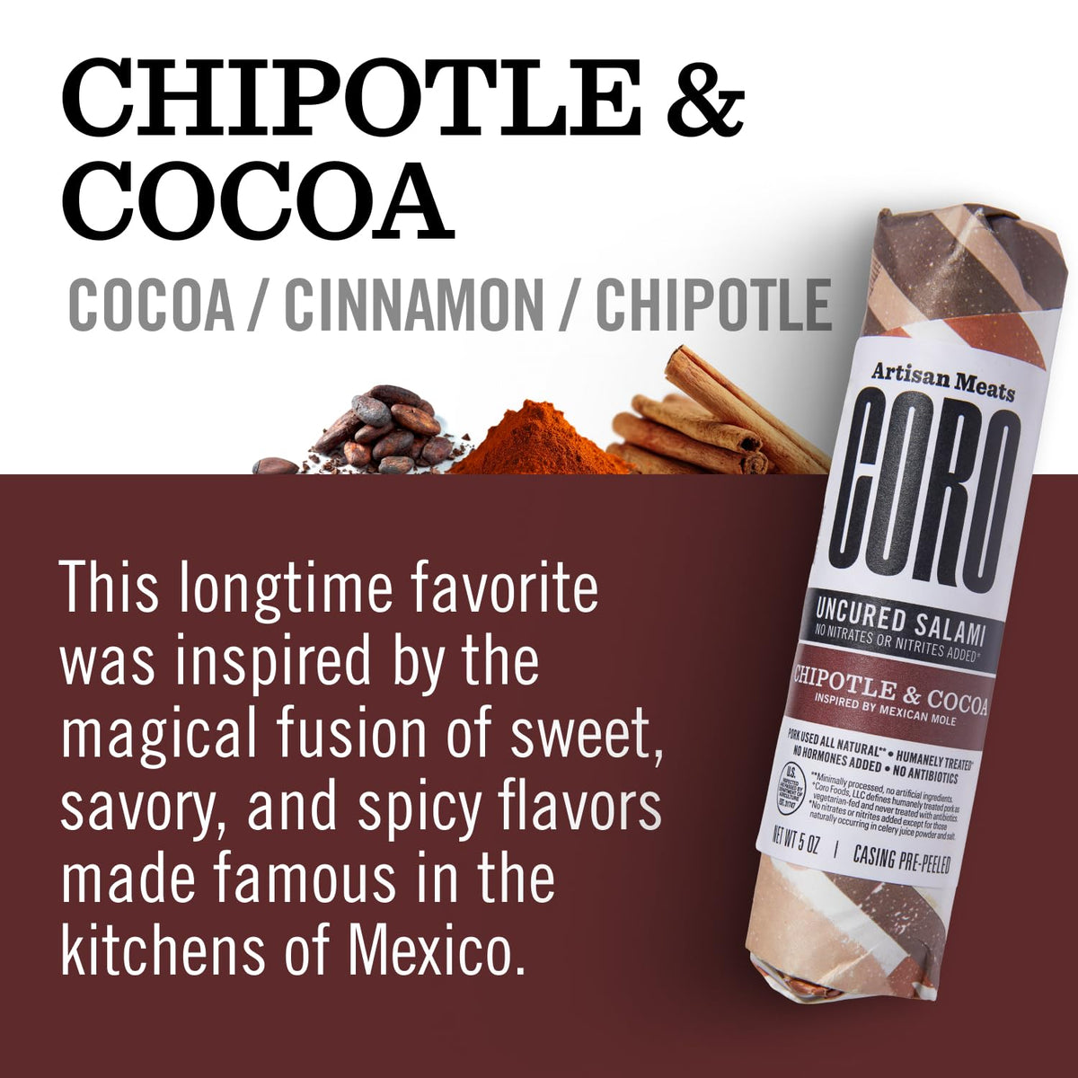 Coro Chipotle & Cocoa Dried Salami Stick - 5oz | Sweet, Savory, Bold Spices