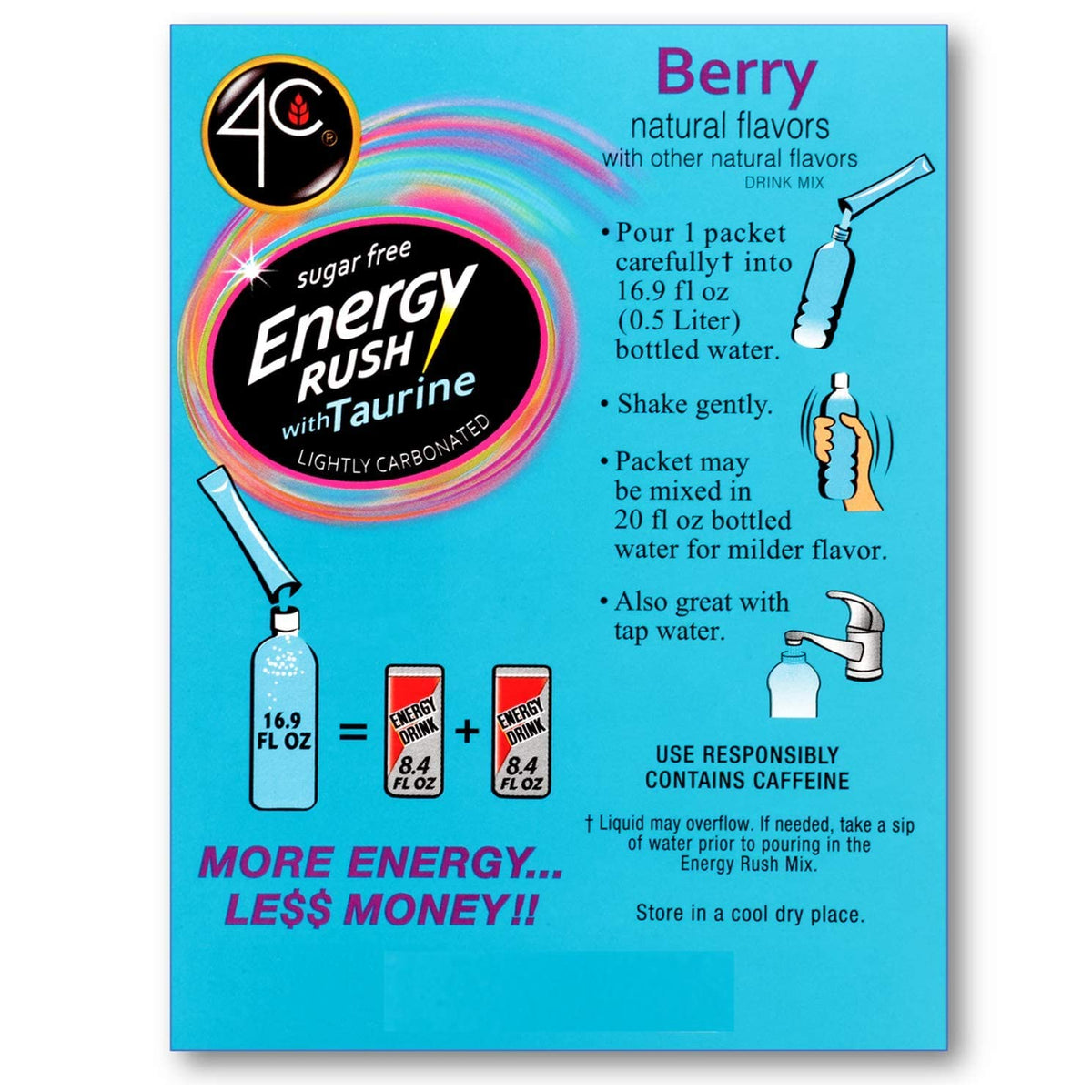 4C Energy Rush Stix, Berry 6 Pack, 18 Count, Single Serve Water Flavoring Packets, Sugar Free with Taurine, On the Go Bundle
