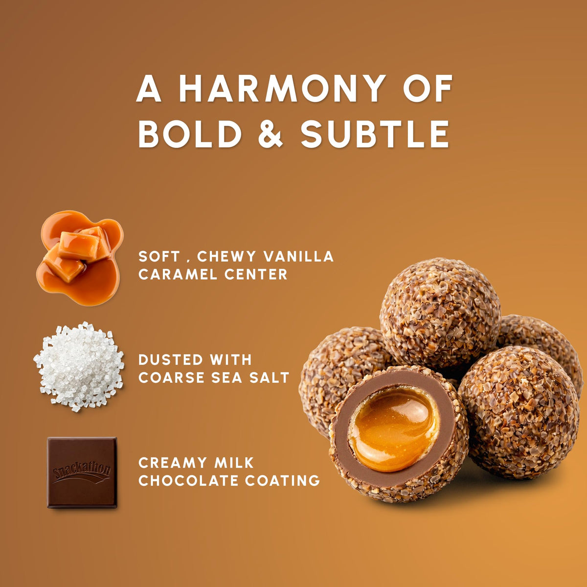 Snackathon Milk Chocolate Sea Salt Vanilla Caramels, 15 oz, Vanilla Infused Chocolate Covered Caramels Made in Small Batch, Sweet & Salty Snacks in
