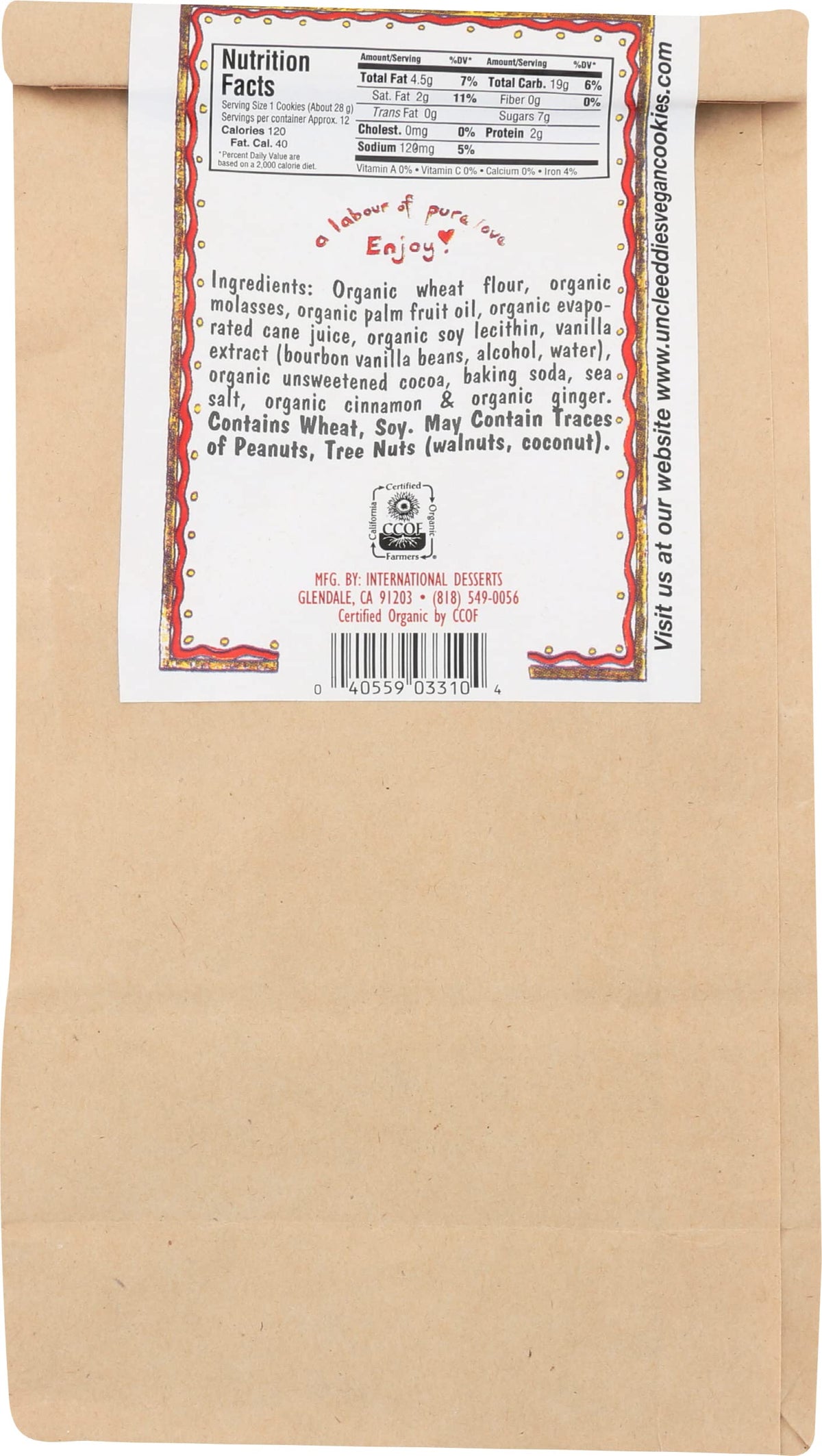 Uncle Eddie's Vegan, Organic Molasses Cookie, 12 oz