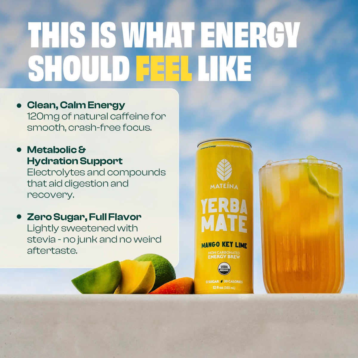 Mateina Organic Mango Key Lime Yerba Mate, 12 Fl Oz