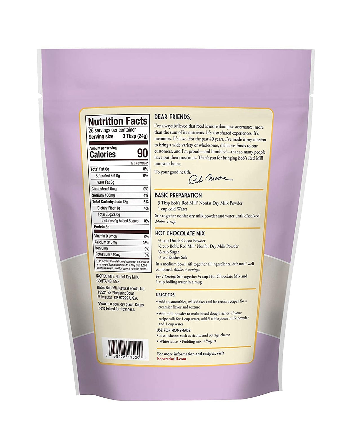 Bob's Red Mill Non-Fat Dry Milk Powder, 22oz (Pack of 1) - Makes 26 Cups per Bag, Made in USA, Unflavored, Kosher
