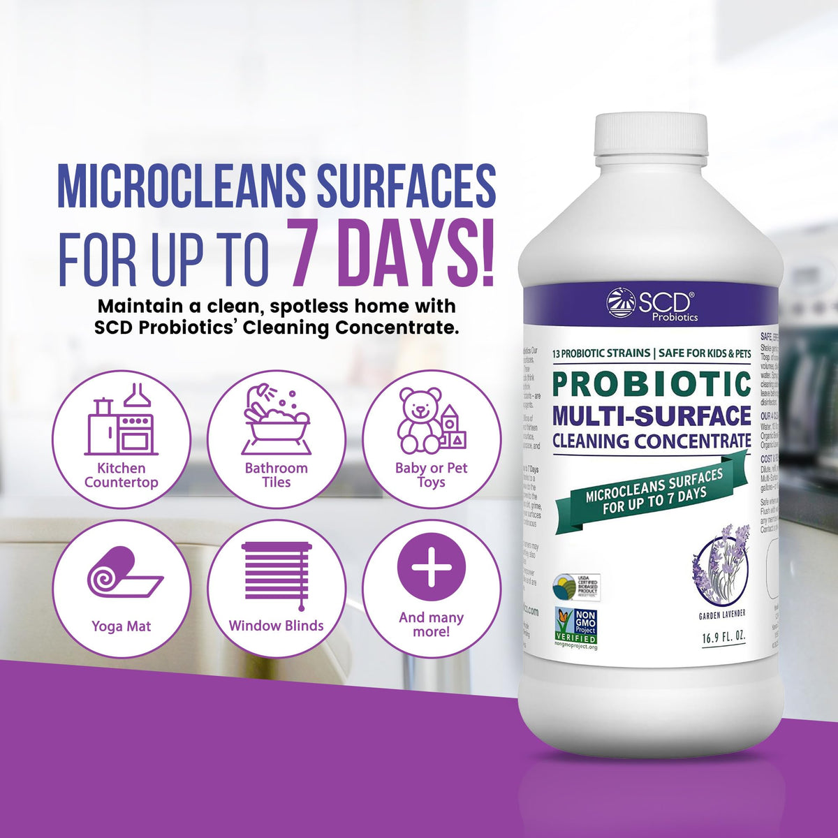 SCD Probiotics Probiotic Multi-Surface Cleaning Concentrate w/Lavender Essential Oil, Microcleans Surfaces for Up to 7 Days, Plant-Based