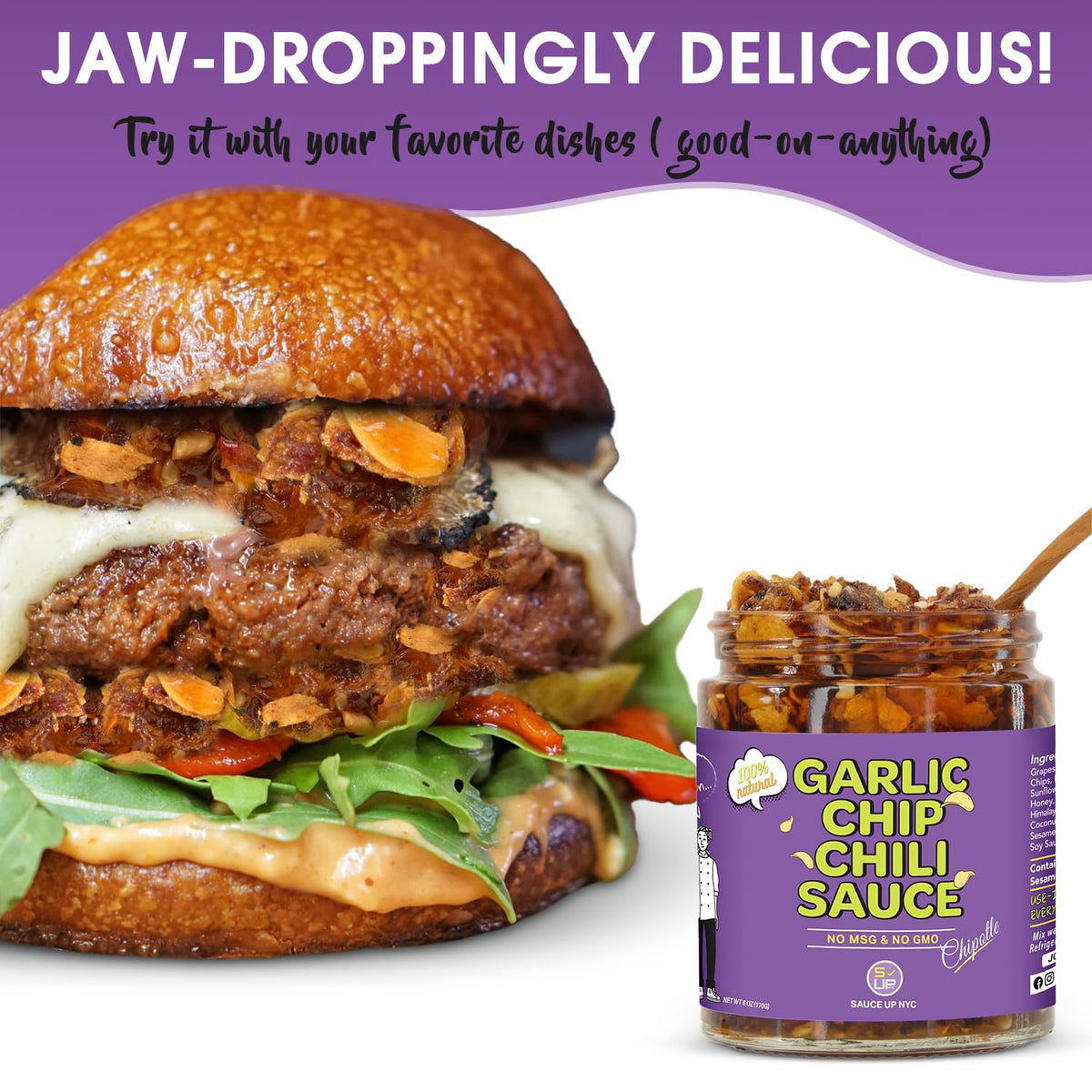 SAUCE UP Original Garlic Chip Chili Sauce - 3 Pack (6oz) | Super Crunchy, Savory & Garlicky | Premium Chef-Curated, Plant-Based, Gluten-Free, Non-GMO