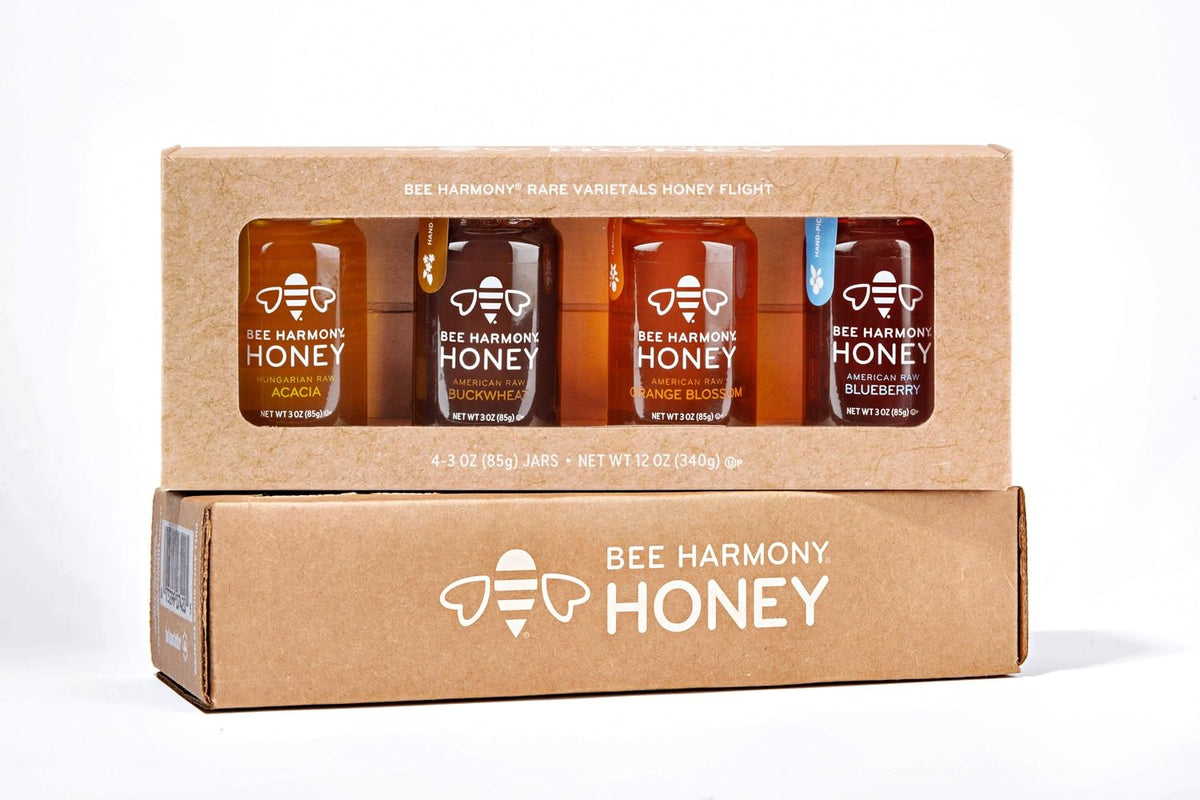 Bee Harmony Rare Varietals Honey Flight, Mini Honey Gift Set, 4 Jars, 3 OZ Each, Premium, Raw (Acacia, Buckwheat, Blueberry Blossom, Orange Blossom)
