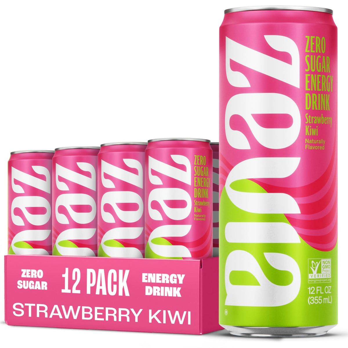 Zevia Zero Sugar Energy Drink, Strawberry Kiwi, 12 oz Cans (12-Pack) - Naturally Sweetened, Zero Calorie Sugar Free Energy - Non-GMO Project Verified