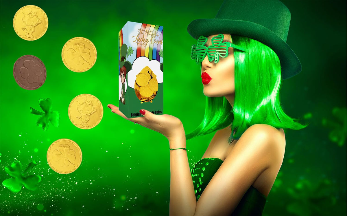 The Dreidel Company St. Patrick's Day Lucky Belgian Milk Chocolate Gold Coins, Nut-Free, Kosher Certified Dairy, Leprechaun Box (5 Pounds (Bulk))