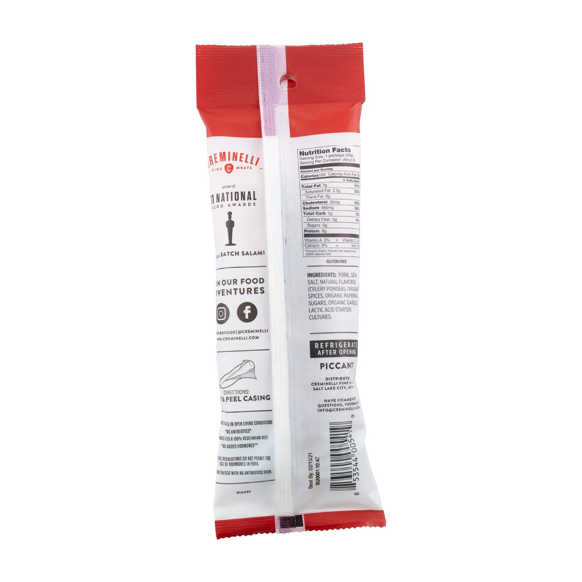 Creminelli Piccante Salami, (3 count, 5.5oz), Humanely Raised Pork*, No Added Nitrates or Nitrites, No Artificial Ingredients, Gluten Free, Keto