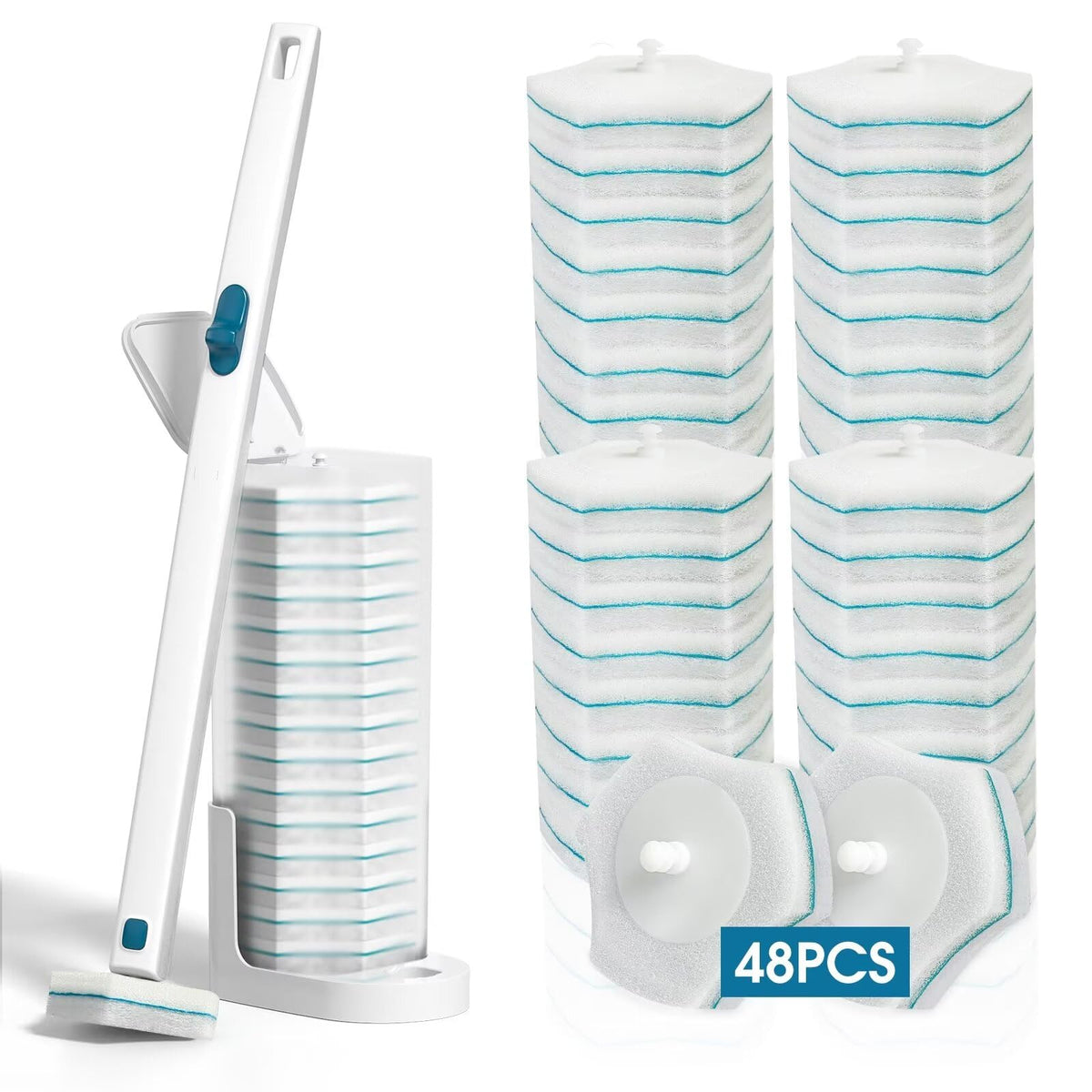 Disposable Toilet Brush with 48 PCS Refills, Disposables Toilets Cleaning System with Handle, Storage Caddy and 48Toilet Bowl Refill Heads