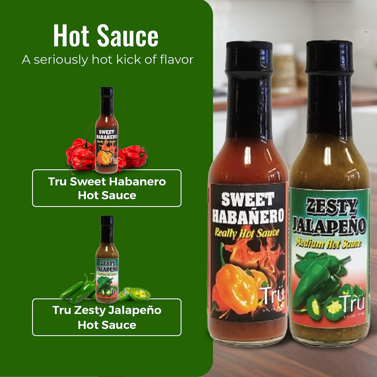 Tru Zesty Jalapeño Medium Hot Sauce - All Natural & Fresh Ingredients | Tangy & Spicy Flavor with Smoked Black Pepper Pickle Blend, 5 Fl Oz (Pack