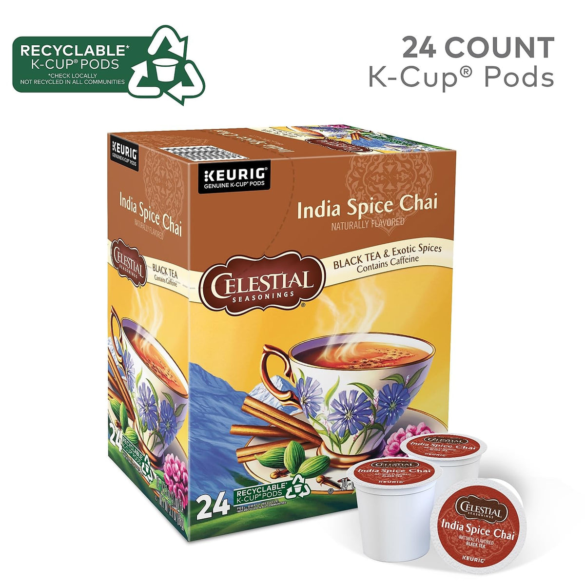 Celestial Seasonings India Spice Chai, K-Cup Portion Pack for Keurig K-Cup Brewers, 24-Count