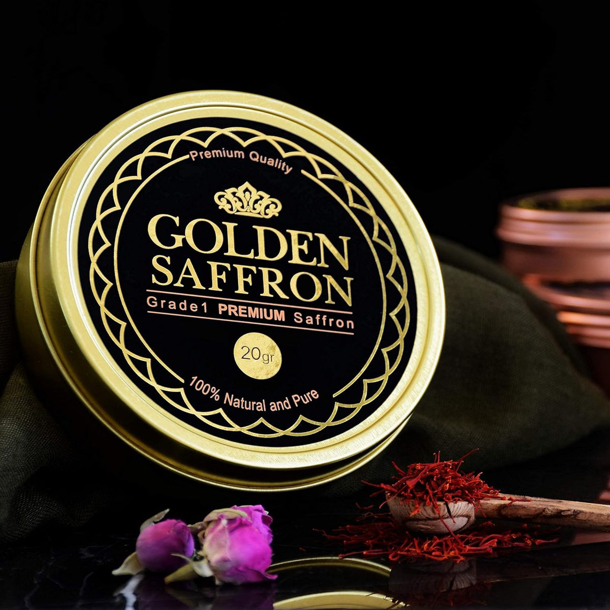 Golden Saffron, Finest Pure Premium All Red Saffron Threads, Grade A+ Super Negin, Non-GMO Verified. For Tea, Paella, Rice, Desserts, Golden Milk