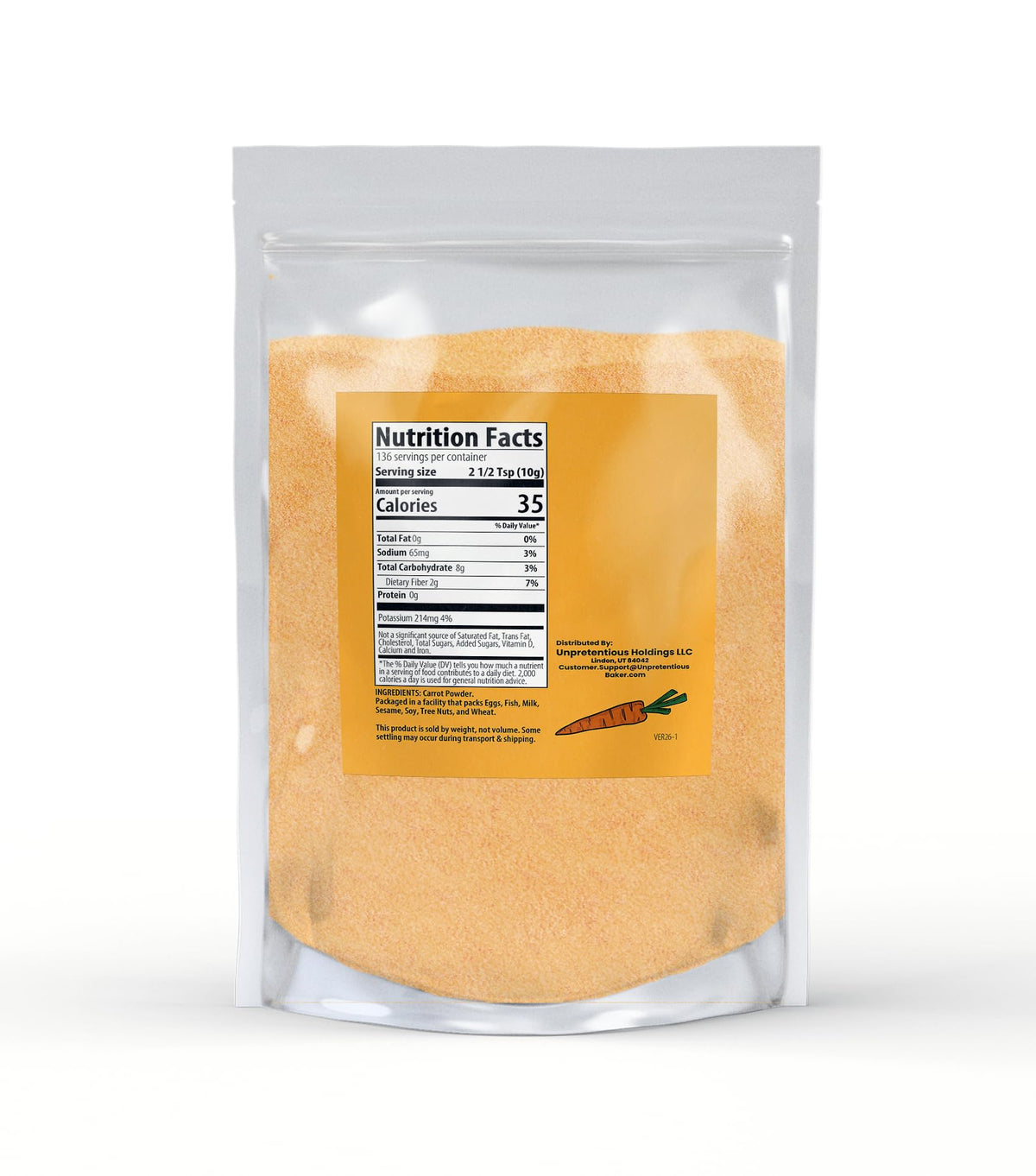Unpretentious Carrot Powder, 3lb, Beta-Carotene, Bulk Size, Cooking and Baking