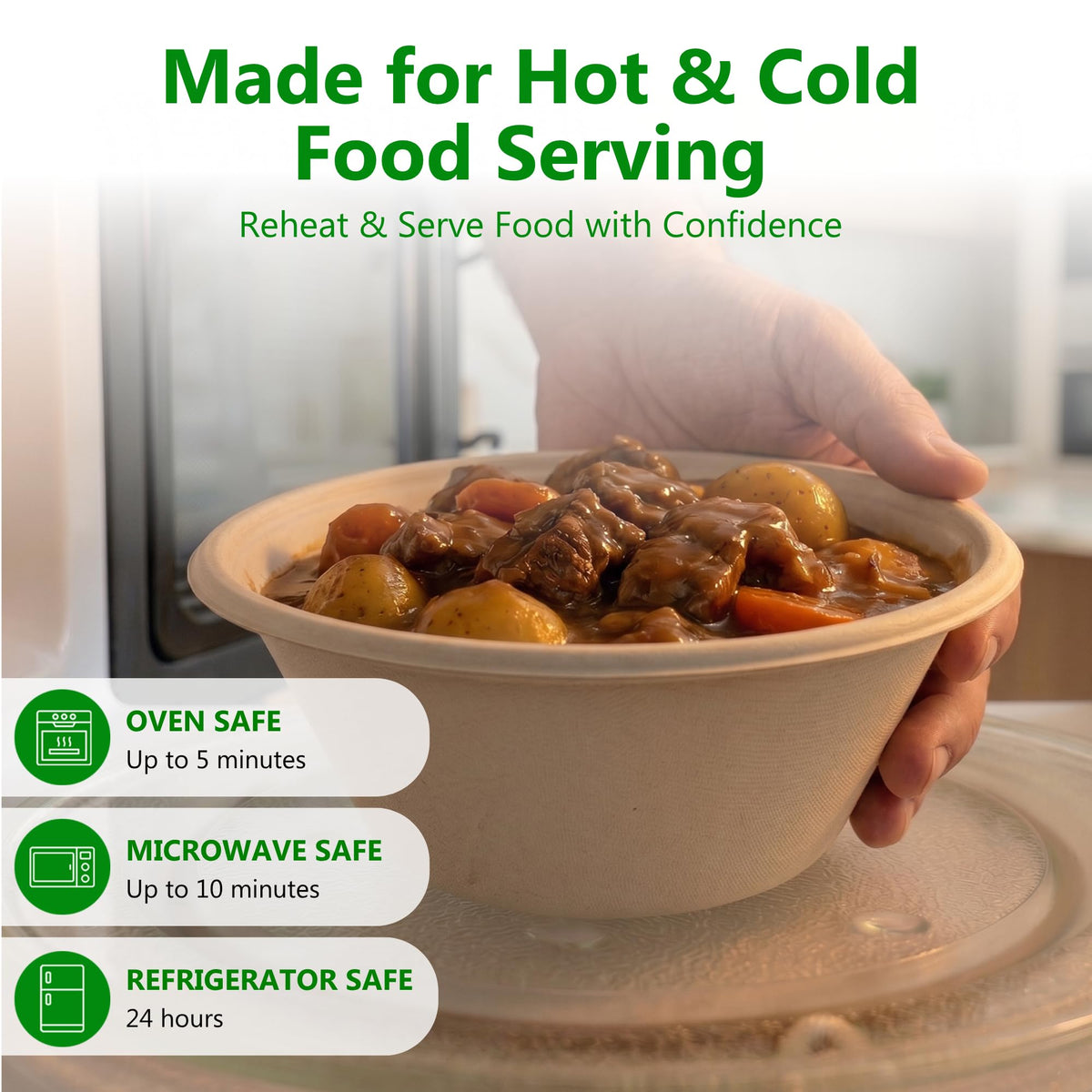 Enviro Safe Home 25 oz Bamboo Disposable Bowls - 70 Pack Heavy Duty Bowls for Hot & Cold Food - Microwave & Oven Safe, Leak Proof, Oil Resistant, BPA